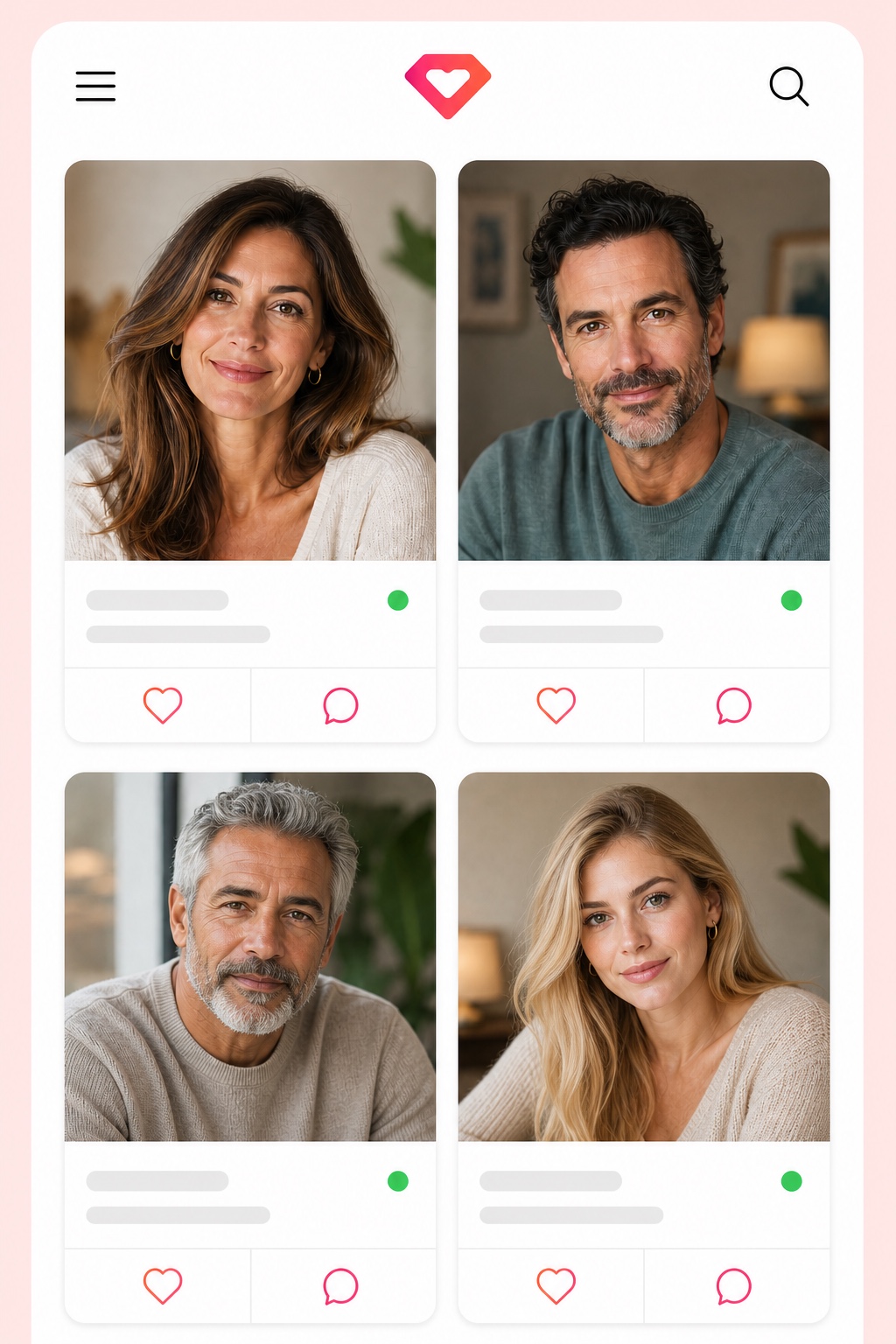 Tela ilustrativa do site e app MeMima com exemplos de perfis e ações para curtir e conversar.